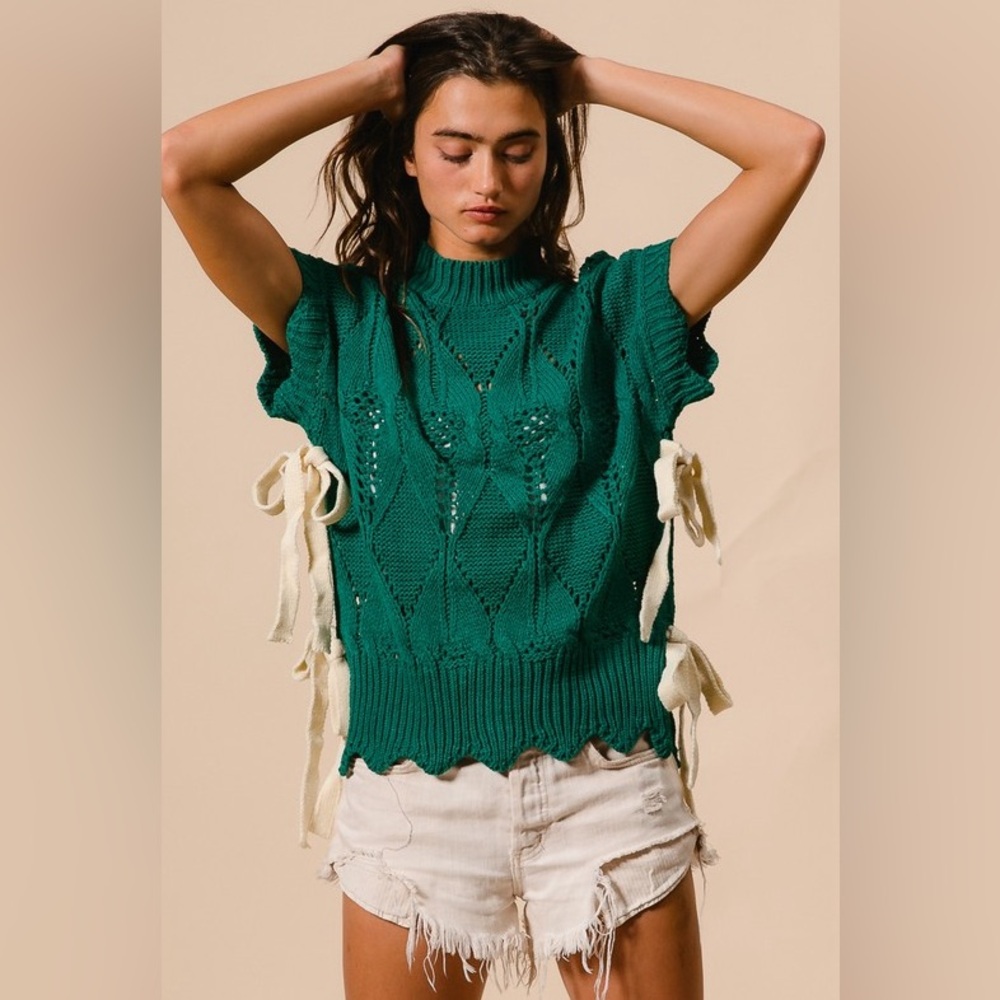 Green side tie ribbon cable scalloped boho bohemian mock neck knit sweat… - Picture 6 of 8